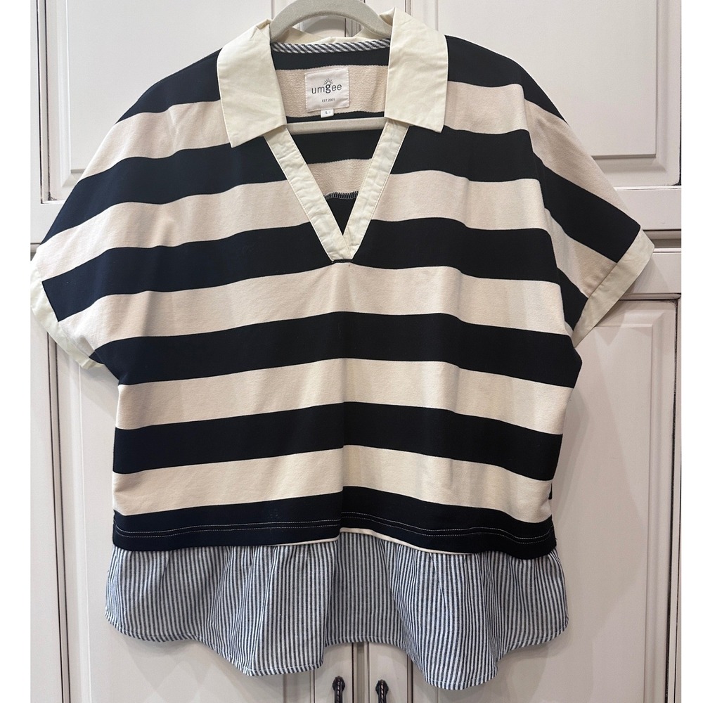 Umgee Striped Mixed Media Polo Top Navy Cream Ruffle Hem K0043 Large